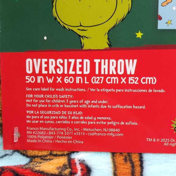 Dr. Seuss The Grinch Oversized Plush Throw Blanket 50" x 60" Green Background - Picture 7 of 11
